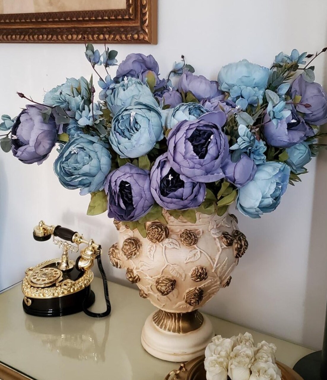 2 Bouquets Vintage Artificial Peonies Silk Peony Flowers for Wedding Bridal Home Décor Beautiful Floral Centerpiece Arrangement, Blue